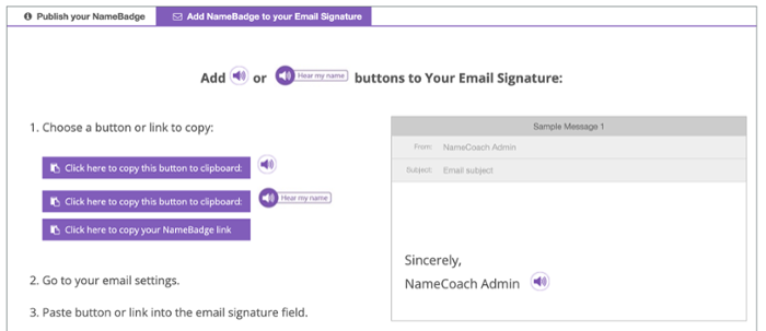 NameCoach email signature page