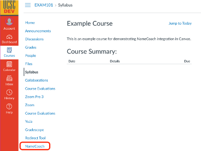 Shows the Course Navigation menu in Canvas with the NameCoach link towards the bottom of the list